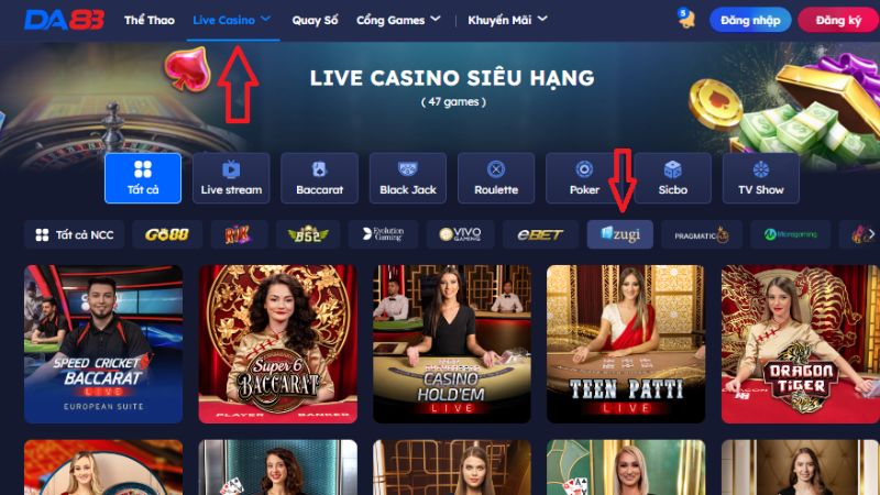ezugi-da88-4 Người chơi chọn Live casino và vào sảnh Ezugi